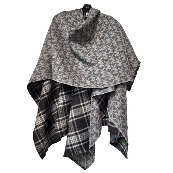 MICHAEL KORS reversible women's poncho ruana shawl cape -logo to plaid - BLACK - Picture 1 of 10